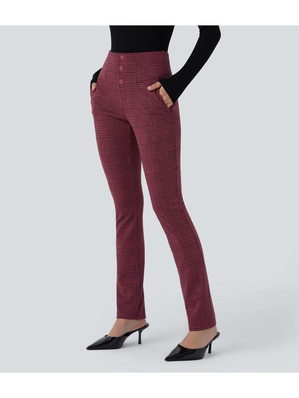 HALARA High Waisted Houndstooth Plaid Skinny Work Pants with Pockets- M Reg